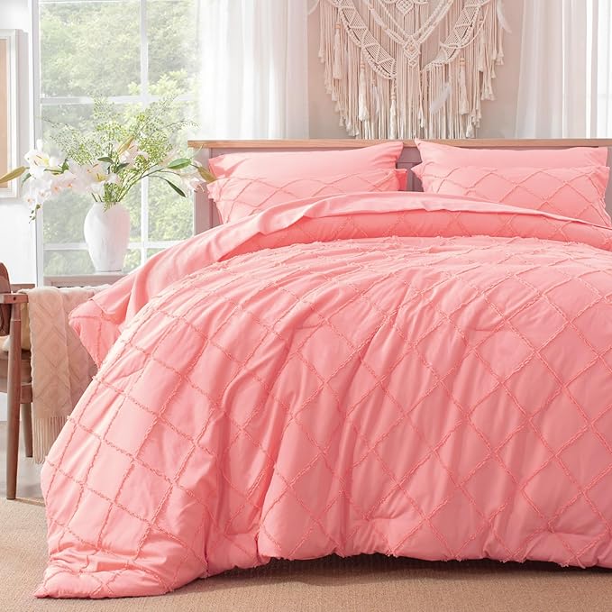 Boho Coral Pink Comforter Set with Jacquard Tufted Design,Farmhouse Bedding Sets for All Seasons,Soft 7 Pieces King Bed in a Bag with Comforter,Flat Sheet,Fitted Sheet,Pillowcases & Shams - LeafyLoom