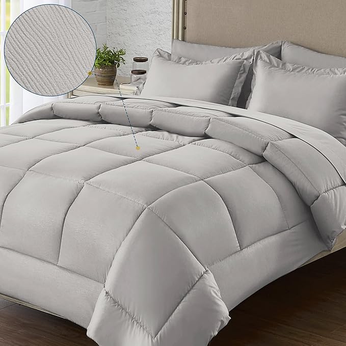 Twin Bed in a Bag 5 Pieces Comforter Set Twin, Wood Grain Texture Bedding Comforter Set Light Grey Bed Set with Comforter, Pillowcase, Flat Sheet, Fitted Sheet and Pillow Sham - LeafyLoom