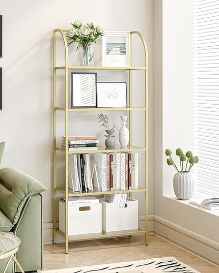 Bookcase Bookshelf, Tempered Glass Arched Bookshelf for More Storage, Slim Shelving Unit for Bedroom, Bathroom, Home Office, Steel Frame, Wide 5 Tier Gold BC22599G - LeafyLoom