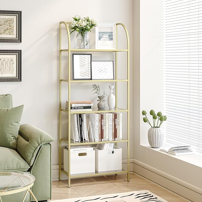 Bookcase Bookshelf, Tempered Glass Arched Bookshelf for More Storage, Slim Shelving Unit for Bedroom, Bathroom, Home Office, Steel Frame, Wide 5 Tier Gold BC22599G - LeafyLoom