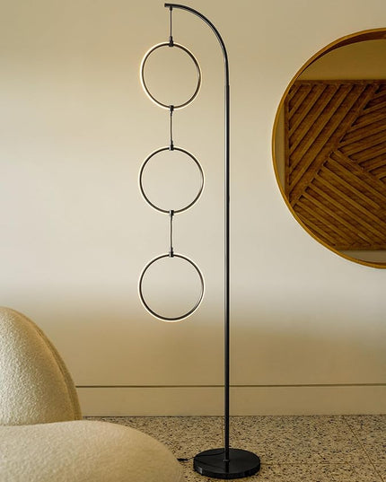 Brightech Nova Modern Floor Lamp Matches Living Room Décor - Contemporary Arc Tall Lamp with 3-Circle Ring-Style Pendant - Over The Couch Standing on Arching Pole - Eclectic- Black - LeafyLoom