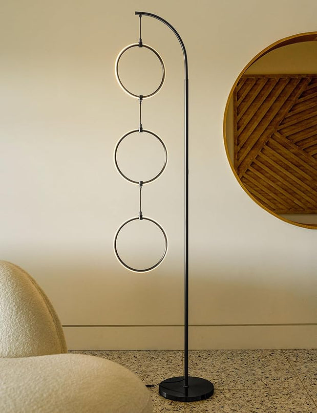 Brightech Nova Modern Floor Lamp Matches Living Room Décor - Contemporary Arc Tall Lamp with 3-Circle Ring-Style Pendant - Over The Couch Standing on Arching Pole - Eclectic- Black - LeafyLoom