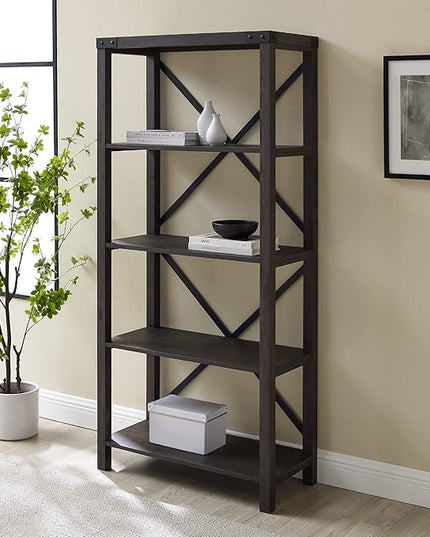Walker Edison Andersen Urban Industrial Metal X-Back Bookshelf, 64 Inch, Sable Grey - LeafyLoom