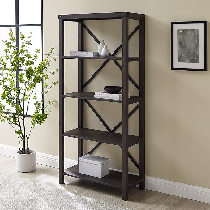 Walker Edison Andersen Urban Industrial Metal X-Back Bookshelf, 64 Inch, Sable Grey - LeafyLoom