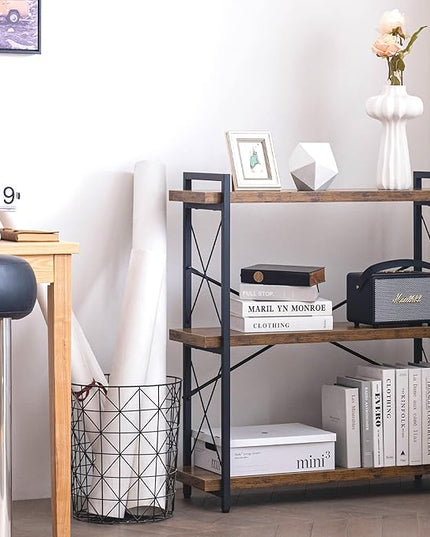 HCHQHS Bookshelf, 3-Tier Industrial Bookcase, Rustic Open Book Shelf, Wood and Metal Horizontal Bookshelves - LeafyLoom