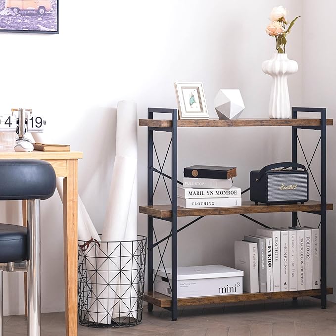 HCHQHS Bookshelf, 3-Tier Industrial Bookcase, Rustic Open Book Shelf, Wood and Metal Horizontal Bookshelves - LeafyLoom