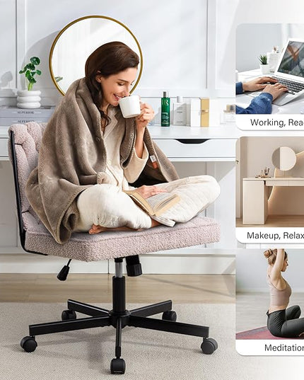 Criss Cross Legged Office Desk Chair with Wheels, Modern Armless Desk Chair with Wide Seat, Home Office Chair for Work, Meditation, Vanity, Pink - LeafyLoom