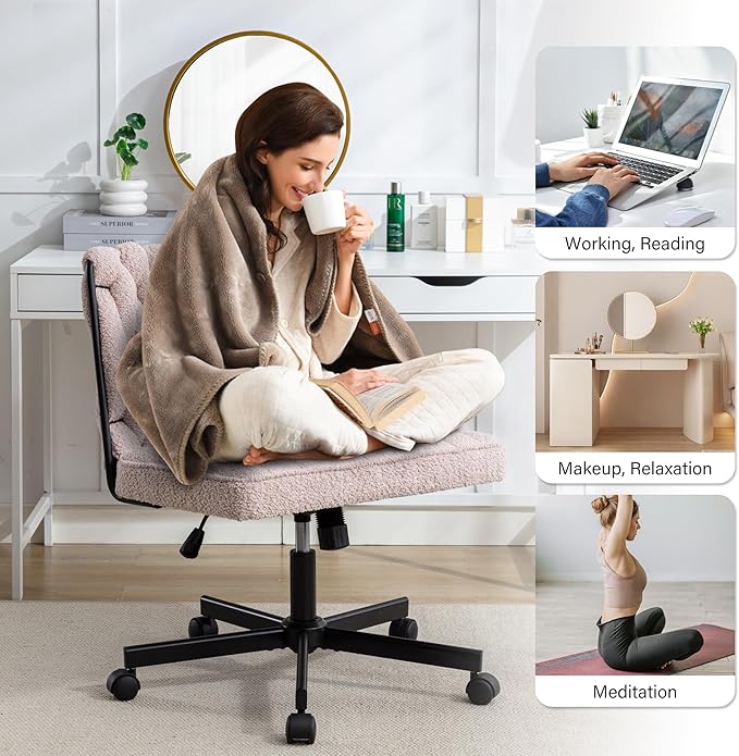 Criss Cross Legged Office Desk Chair with Wheels, Modern Armless Desk Chair with Wide Seat, Home Office Chair for Work, Meditation, Vanity, Pink - LeafyLoom