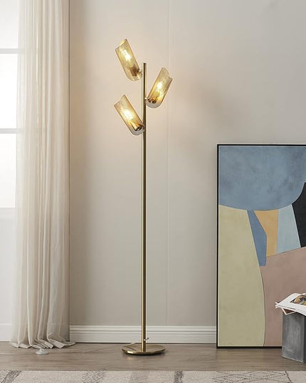 Brightech Lyra LED Tree Floor Lamp for Mid-Century Modern, Contemporary, Industrial Décor, 3 Light Head Standing Lamp with Metal Cage Shade, Standing Pole Tall Lamp for Living Room, Bedroom - Brass - LeafyLoom