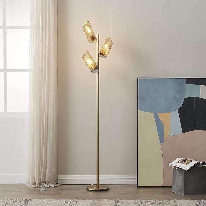 Brightech Lyra LED Tree Floor Lamp for Mid-Century Modern, Contemporary, Industrial Décor, 3 Light Head Standing Lamp with Metal Cage Shade, Standing Pole Tall Lamp for Living Room, Bedroom - Brass - LeafyLoom