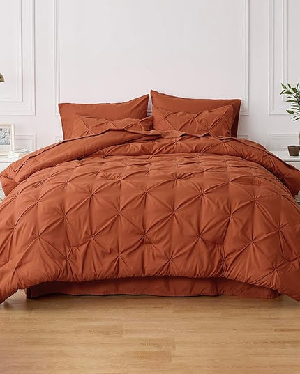 Bedsure Bed in a Bag Queen 7 Pieces - Queen Size Comforter Set, Pintuck Bedding Sets Burnt Orange Bed Set with Comforter, Sheets, Pillowcases & Shams - LeafyLoom