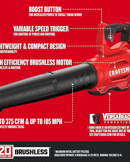 CRAFTSMAN CMCBL720B V20* Cordless Axial Leaf Blower, Brushless (Tool Only) Red - LeafyLoom