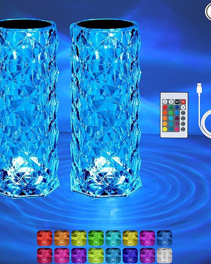 2 Pack Crystal Table Lamp (Touch & Remote), RGB 16 Colors Changing Lamp, Rechargeable Crystal Lamp, Rose Diamond Night Light, for Bedroom/Party/Dinner/Decoration - LeafyLoom