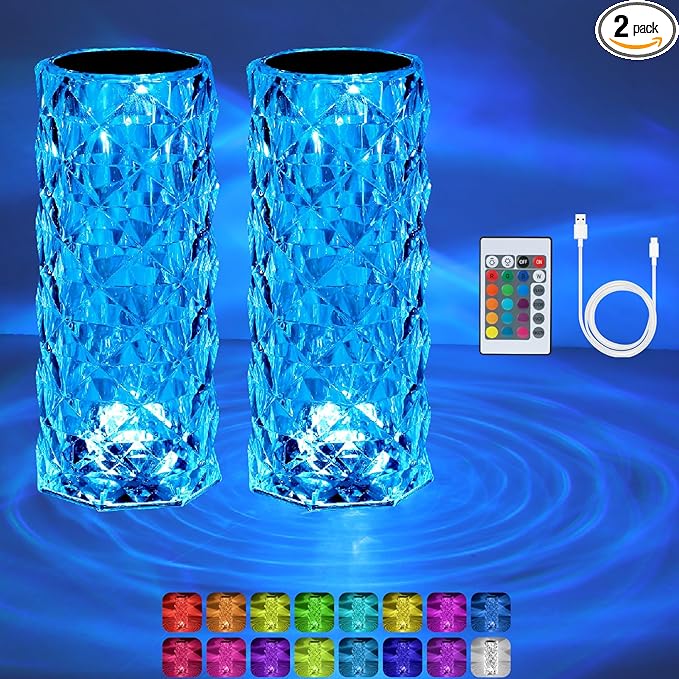2 Pack Crystal Table Lamp (Touch & Remote), RGB 16 Colors Changing Lamp, Rechargeable Crystal Lamp, Rose Diamond Night Light, for Bedroom/Party/Dinner/Decoration - LeafyLoom