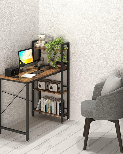 4NM 35" Small Computer Desk with 4-Tier Bookshelf, Home Office Desk Writing Workstation Study Table Multipurpose for Small Space Work - Rustic Brown and Black - LeafyLoom