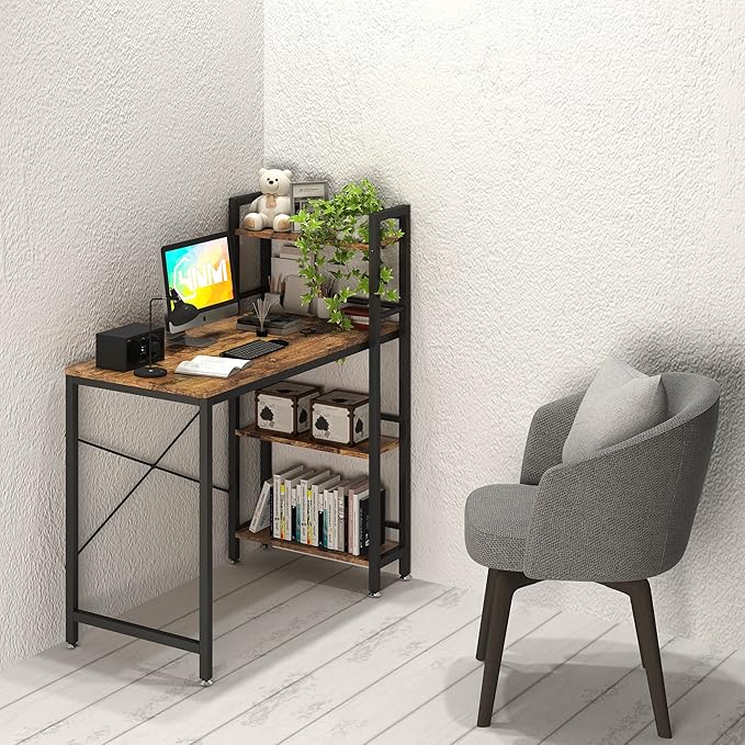 4NM 35" Small Computer Desk with 4-Tier Bookshelf, Home Office Desk Writing Workstation Study Table Multipurpose for Small Space Work - Rustic Brown and Black - LeafyLoom