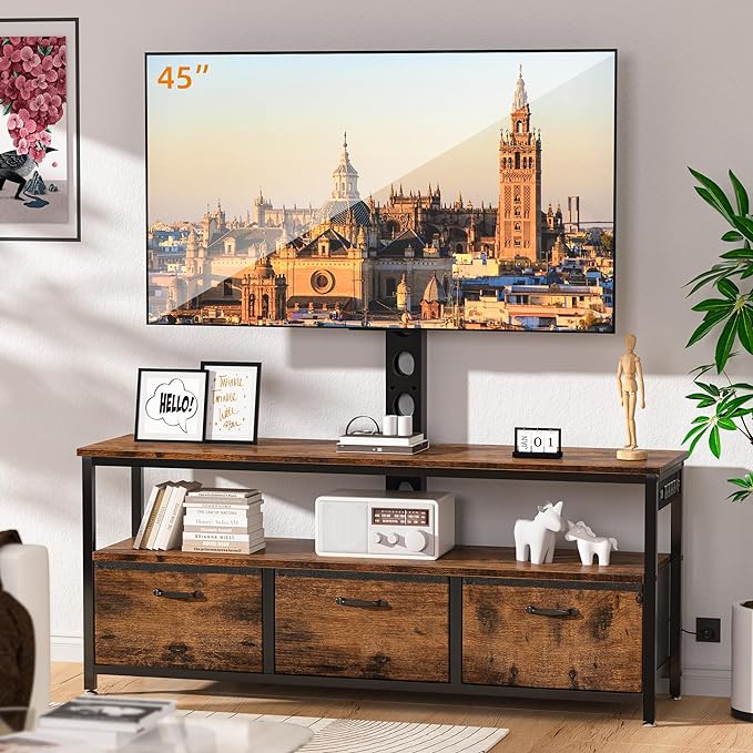 TV Stand with Mount and Power Outlet, Swivel TV Stands Mount with LED Lights for 32/45/55/60/65 inch TVs, Entertainment Center with Storage/Drawers, Media Console TV Stands for Living Room, Bedroom - LeafyLoom