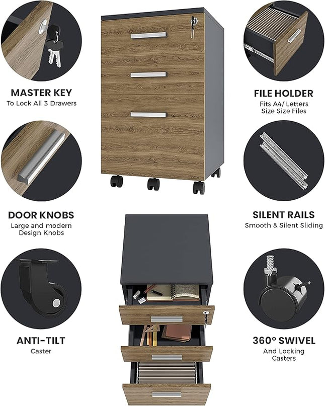 Lazio File Cabinet with Lock - Filing Cabinet for Home and Office - 3 Drawer Small Rolling File Cabinet -Wood Printer Stand with Storage for A4 Size/Legal Documents, File Folders (Cass Walnut/Black) - LeafyLoom