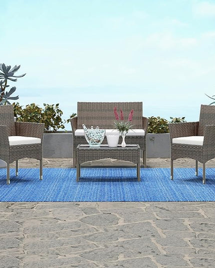 Patio Furniture, 4 Piece Conversation Set, Outdoor Wicker Rattan Table and Chairs, Sectional Sofa with Thick Cushion for Garden, Yard, or Porch, Brown - LeafyLoom