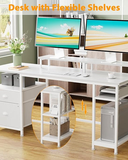 Furologee 61" Computer Desk with Fabric File Cabinet & Drawer, Reversible White Desk with Storage Shelf, Office Desk with Long Monitor Stand, Writting Desk Workstation, for Home/Office/White - LeafyLoom