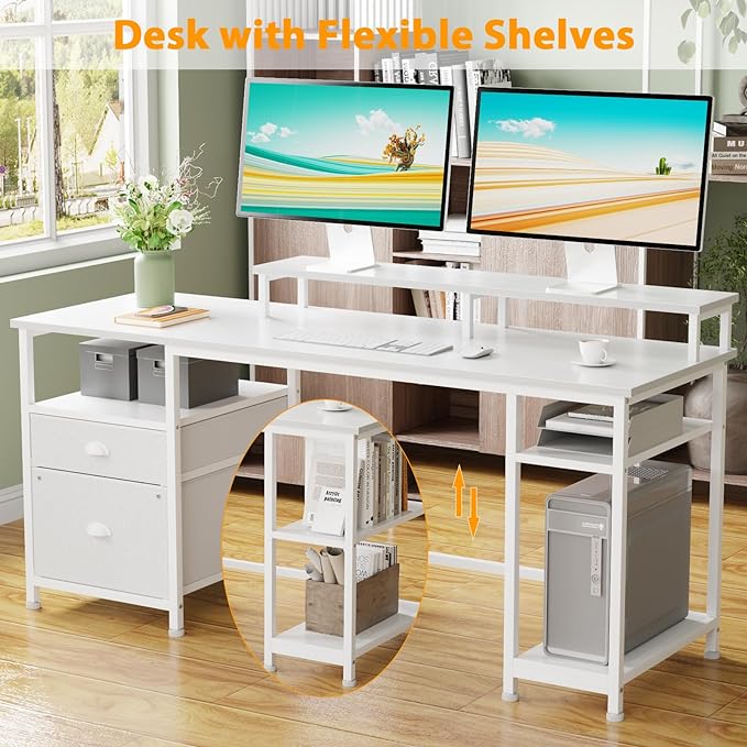 Furologee 61" Computer Desk with Fabric File Cabinet & Drawer, Reversible White Desk with Storage Shelf, Office Desk with Long Monitor Stand, Writting Desk Workstation, for Home/Office/White - LeafyLoom