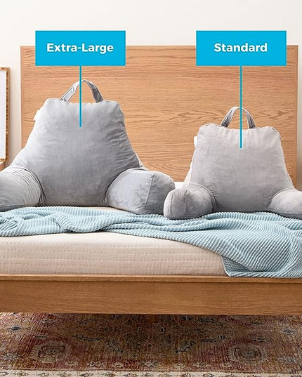 LINENSPA Reading Pillow with Shredded Memory Foam- Back Pillow for Sitting in Bed, Reading, Gaming, Watching TV – Bed Chair Pillow with Arms X-Large, Dorm Room Essentials, Stone - LeafyLoom
