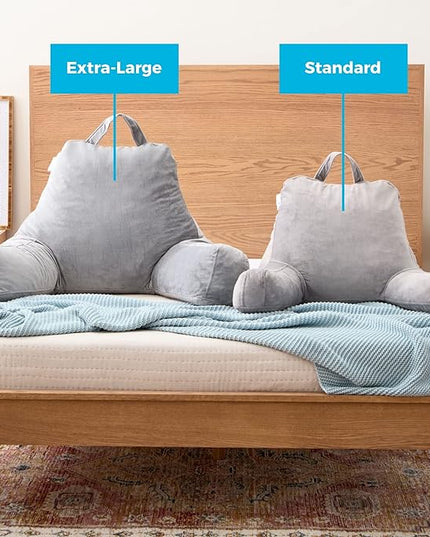 LINENSPA Reading Pillow with Shredded Memory Foam- Back Pillow for Sitting in Bed, Reading, Gaming, Watching TV – Chair Pillow with Arms, Dorm Room Essentials, Stone - LeafyLoom