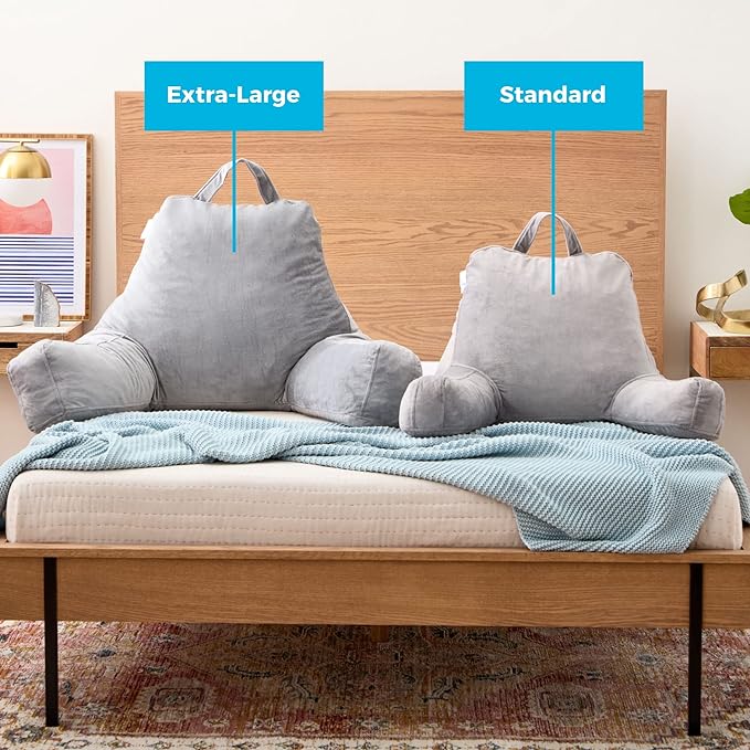 LINENSPA Reading Pillow with Shredded Memory Foam- Back Pillow for Sitting in Bed, Reading, Gaming, Watching TV – Chair Pillow with Arms, Dorm Room Essentials, Stone - LeafyLoom