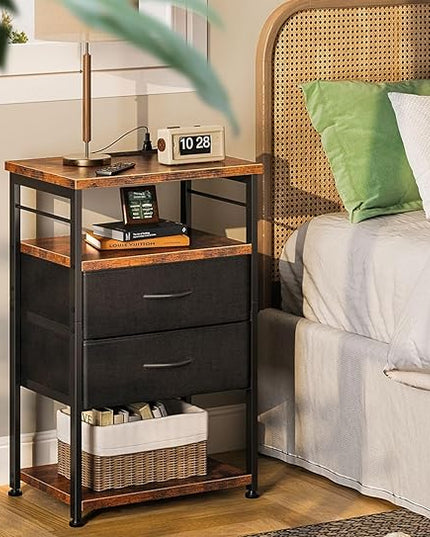 AODK Night Stand with Charging Station, End Table for Bedroom Tall Nightstand with Drawers, Small Nightstand for Bedroom, 4-Tier Storage Bedside Table, Vintage and Black - LeafyLoom