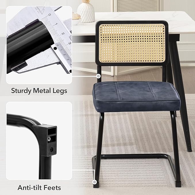 Rattan Dining Chairs Set of 2, Mid Century Modern PU Leather Dining Room Kitchen Chairs with Cane Back, Metal Chrome Legs, Upholstered Wicker Armless Accent Chairs, Blue - LeafyLoom