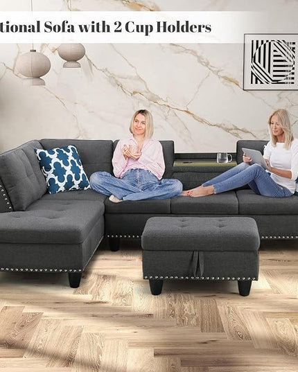 L Shaped Sectional Couch with Ottoman and Pillows 2 Cup Holders Design Living Room Furniture Sets for Apartment, Office, Dark Gray - LeafyLoom