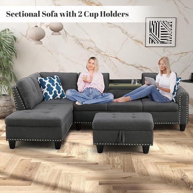 L Shaped Sectional Couch with Ottoman and Pillows 2 Cup Holders Design Living Room Furniture Sets for Apartment, Office, Dark Gray - LeafyLoom