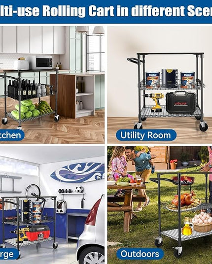 3 Tier Heavy Duty Rolling Utility Cart with Wood Top, NSF Certified Commercial Grade Rolling Carts with Wheels, Handle Bar, Shelf Liner, Trolley Serving Cart for Kitchen, Black - LeafyLoom