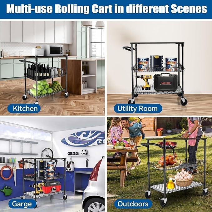 3 Tier Heavy Duty Rolling Utility Cart with Wood Top, NSF Certified Commercial Grade Rolling Carts with Wheels, Handle Bar, Shelf Liner, Trolley Serving Cart for Kitchen, Black - LeafyLoom