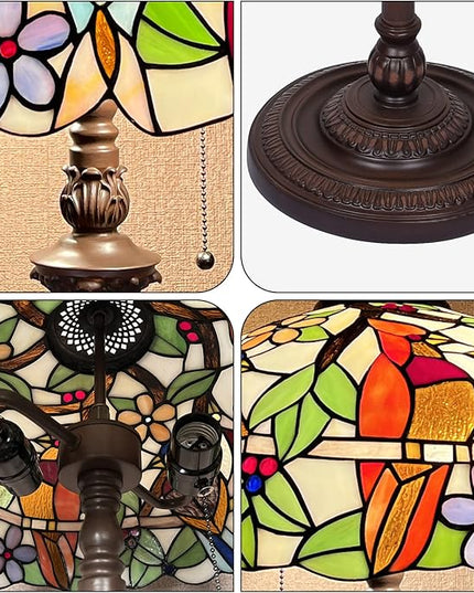 Capulina Tiffany Floor Lamp 2-Light 16X16X66 Inches Cardinal Birds Vintage Style Stained Glass Standing Reading Light for Living Room Bedroom Home Office - LeafyLoom