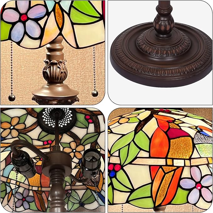Capulina Tiffany Floor Lamp 2-Light 16X16X66 Inches Cardinal Birds Vintage Style Stained Glass Standing Reading Light for Living Room Bedroom Home Office - LeafyLoom