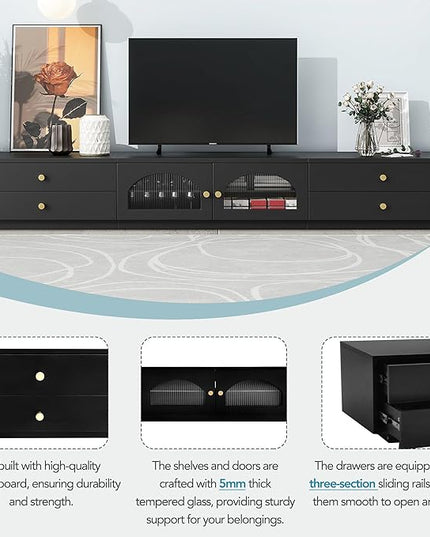TV Stand with Drawers, 86 Inch Entertainment Center with Fluted Glass Doors for TVs Up to 90'', TV Console with Ample Storage Space for Living Room, Black - LeafyLoom
