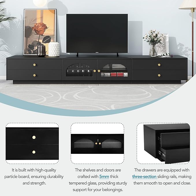 TV Stand with Drawers, 86 Inch Entertainment Center with Fluted Glass Doors for TVs Up to 90'', TV Console with Ample Storage Space for Living Room, Black - LeafyLoom