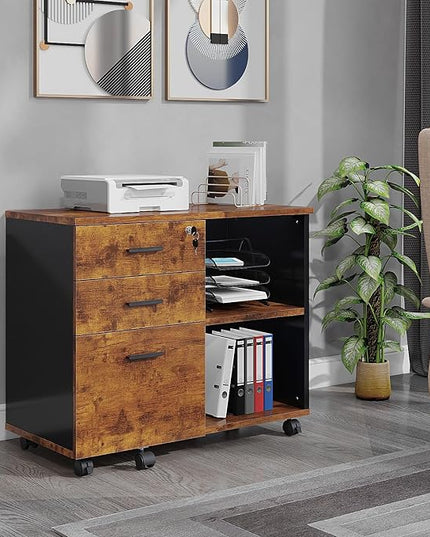 Wood File Cabinet, 3 Drawer Mobile Lateral Filing Cabinet On Wheels, Printer Stand with Open Storage Shelves for Home Office (Wood) - LeafyLoom