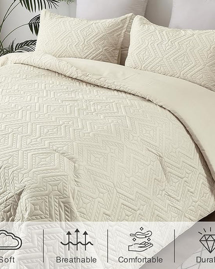 WONGS BEDDING Beige Comforter Set Queen Size(90"×90"), Reversible Boho Geometric Textured Bedding Comforter Sets - 3 Pieces Soft Microfiber Ultrasonic Bedding with 2 Pillowcases - LeafyLoom