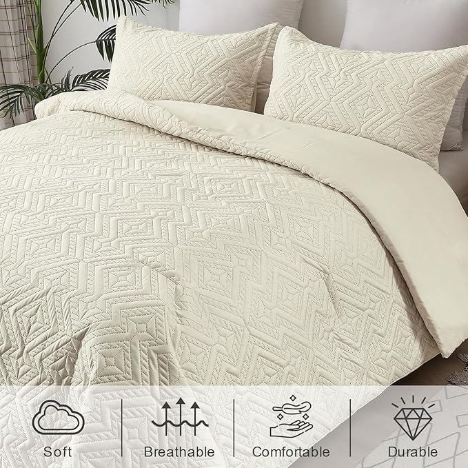WONGS BEDDING Beige Comforter Set Queen Size(90"×90"), Reversible Boho Geometric Textured Bedding Comforter Sets - 3 Pieces Soft Microfiber Ultrasonic Bedding with 2 Pillowcases - LeafyLoom