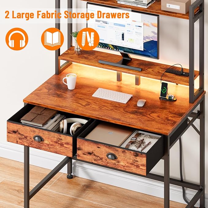 Furologee Small Computer Desk with Power Outlet and 2 Fabric Drawers, Gaming Desk with Light, Home Office Desk with Monitor Stand and Hutch for Small Space Working, Study Table with Shelf Rustic Brown - LeafyLoom