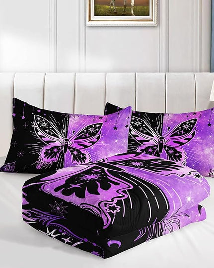 Datura home Black Purple Butterfly Comforter Set for Girls Women,Boho Butterfly Sun and Moon Mandala Printed Bedding Set with 2 Pillowcases(Black Purple Queen) - LeafyLoom