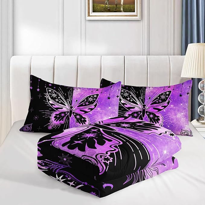 Datura home Black Purple Butterfly Comforter Set for Girls Women,Boho Butterfly Sun and Moon Mandala Printed Bedding Set with 2 Pillowcases(Black Purple Twin) - LeafyLoom