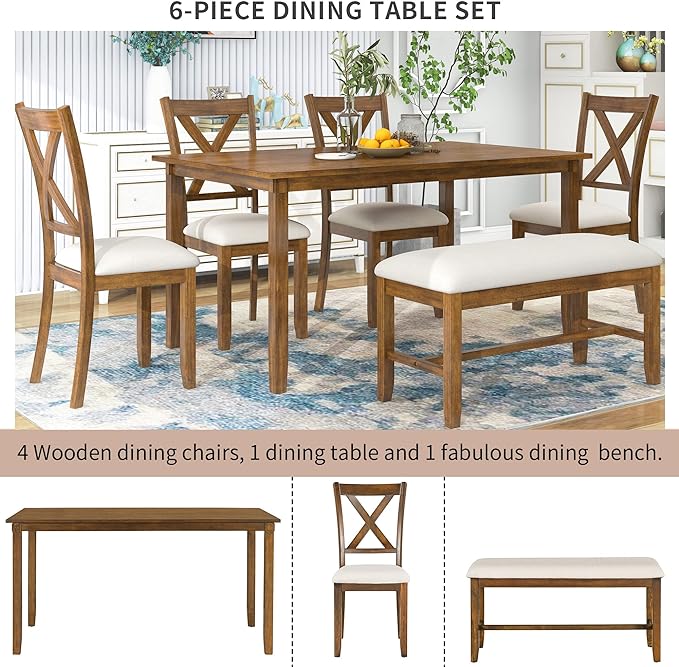 6-Piece Wooden Rectangular Dining Table Set with Bench and 4 Upholstered Chairs for Kitchen Living Room, Farmhouse Rustic Style, Natural Cherry, 60''L x 36''W x 30''H - LeafyLoom