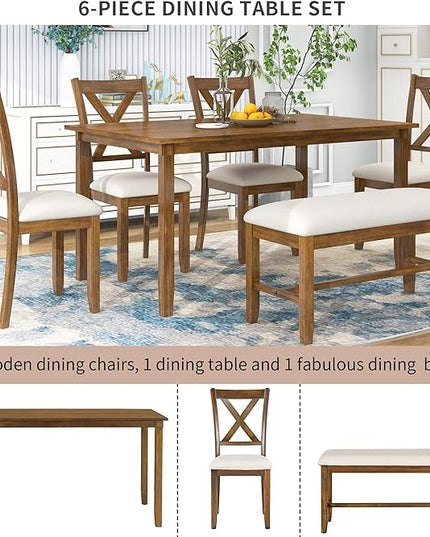 Farmhouse 6-Piece Wood Rectangular Dining Table Set with Bench and 4 Upholstered Chairs for Kitchen, Breakfast Nook, Living Room, Natural Cherry, 60" L x 36" W x 30" H - LeafyLoom