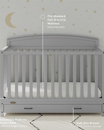 Graco Benton 5-in-1 Convertible Crib with Drawer (Pebble Gray) -Converts from Baby Crib to Toddler Bed, Daybed and Full-Size Bed,Fits Standard Full-Size Crib Mattress, Adjustable Mattress Support Base - LeafyLoom