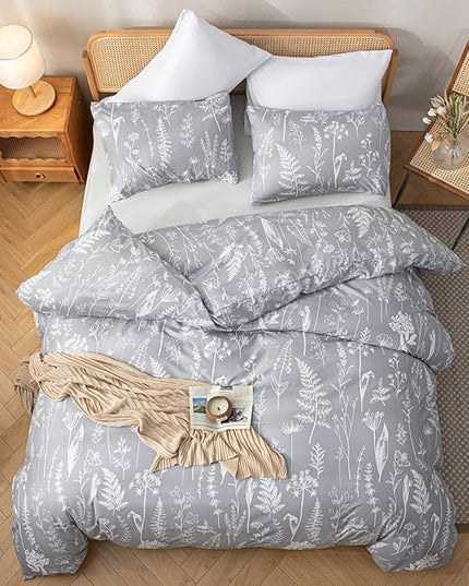 JANZAA Twin Comforter Set Floral Comforter Set Bedding Set White Flower Printing on Gray Comforter with 1 Pillow Case for All Season Using - LeafyLoom