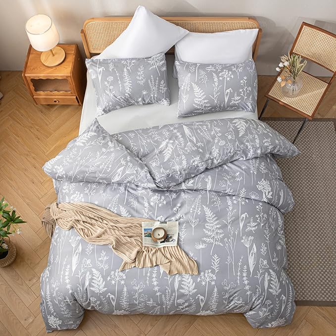 JANZAA California King Comforter Set 3PCS Comforter Set Floral Comforter Set Bedding Set White Flower Printing on Gray Comforter with 2 Pillow Cases for All Season - LeafyLoom
