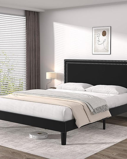 VECELO Full Size Platform Bed Frame with Adjustable Upholstered Headboard, Modern Mattress Foundation,Strong Wood Slat Support, No Box Spring Needed, Easy Assembly - LeafyLoom